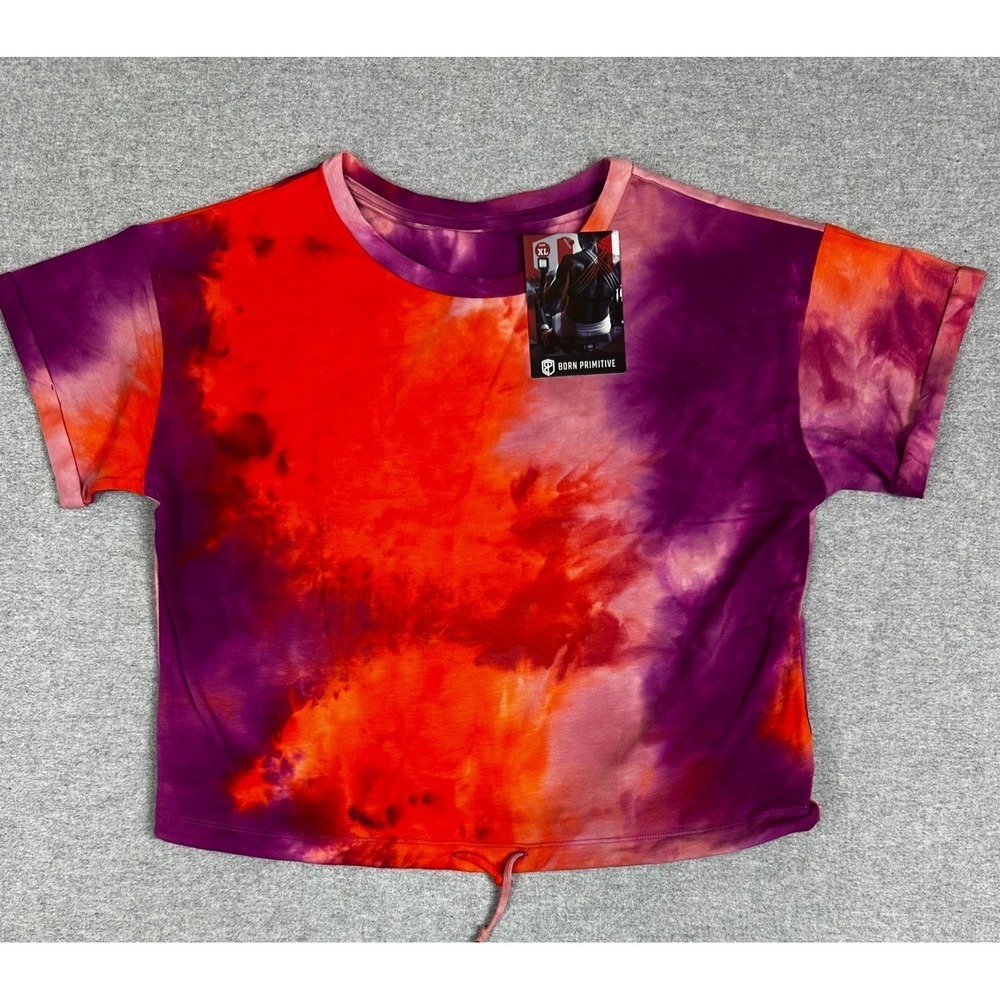Bornโ Primitive Tie Dye Crop Top Womens XL Purple Orange Athletic Gym Shirt NWT